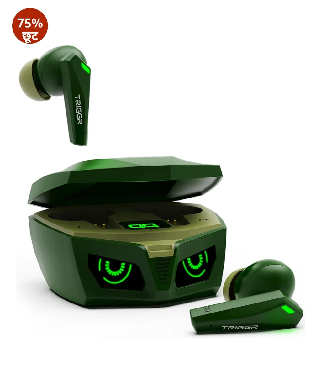 TRIGGR Kraken X1 Plus ड्युअल पेयरिंग के साथ, बैटरी डिस्प्ले, क्वाड ENC, 70H बैटरी, v5.3 Bluetooth (जंगल हरा, ट्रू वायरलेस)