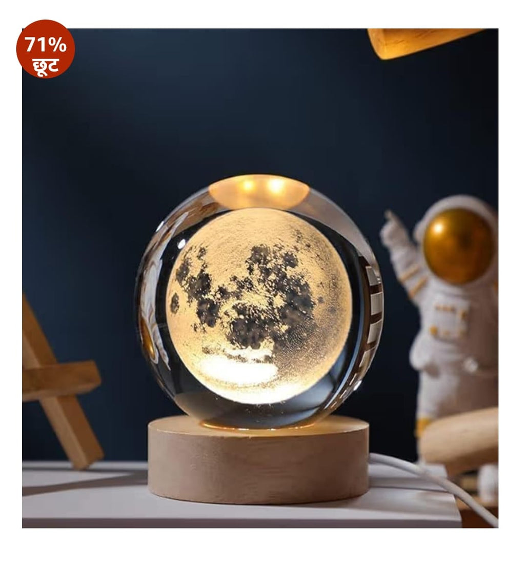 3D Galaxy क्रिस्टल बॉल नाइट लैंप|क्रिएटिव एनग्रेव्ड नाइट लाइट|USB पावर LED लकड़ी का बेस क्रिस्टल घर की सजावट के लिए किशोर के लिए जन्मदिन का गिफ्ट | लड़कों, लड़कियों (गर्म सफेद)(2.4इंच) (मून