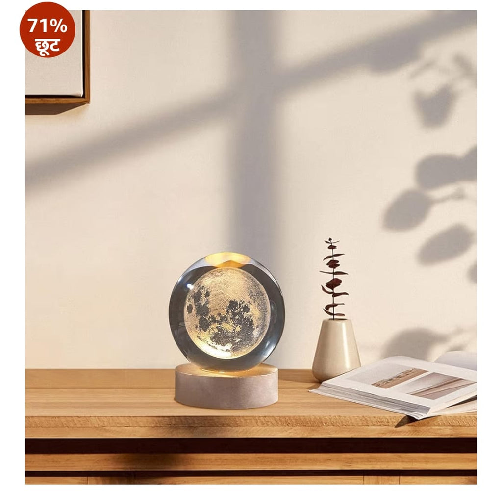 3D Galaxy क्रिस्टल बॉल नाइट लैंप|क्रिएटिव एनग्रेव्ड नाइट लाइट|USB पावर LED लकड़ी का बेस क्रिस्टल घर की सजावट के लिए किशोर के लिए जन्मदिन का गिफ्ट | लड़कों, लड़कियों (गर्म सफेद)(2.4इंच) (मून