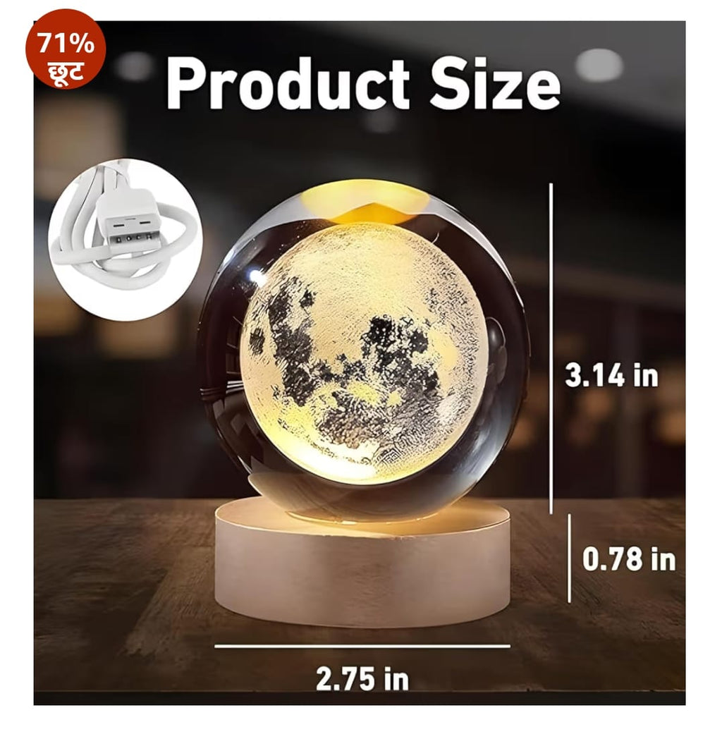 3D Galaxy क्रिस्टल बॉल नाइट लैंप|क्रिएटिव एनग्रेव्ड नाइट लाइट|USB पावर LED लकड़ी का बेस क्रिस्टल घर की सजावट के लिए किशोर के लिए जन्मदिन का गिफ्ट | लड़कों, लड़कियों (गर्म सफेद)(2.4इंच) (मून