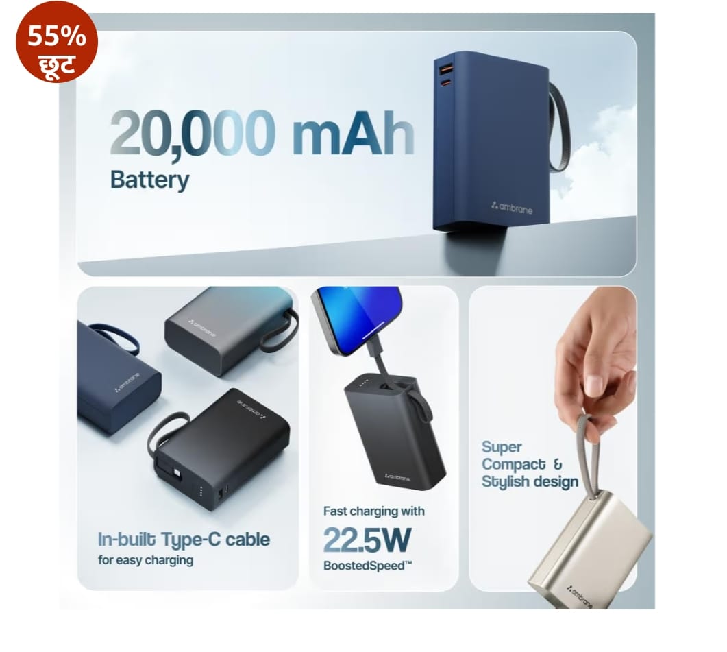Ambrane 20000mAh Small Pocket Size Powerbank, Hanging InBuilt Type C Cable, 22.5W Fast Charging, Type C PD & USB Output for iPhone, Android Mobiles & Other Devices (MiniCharge 20, Black-Blue)