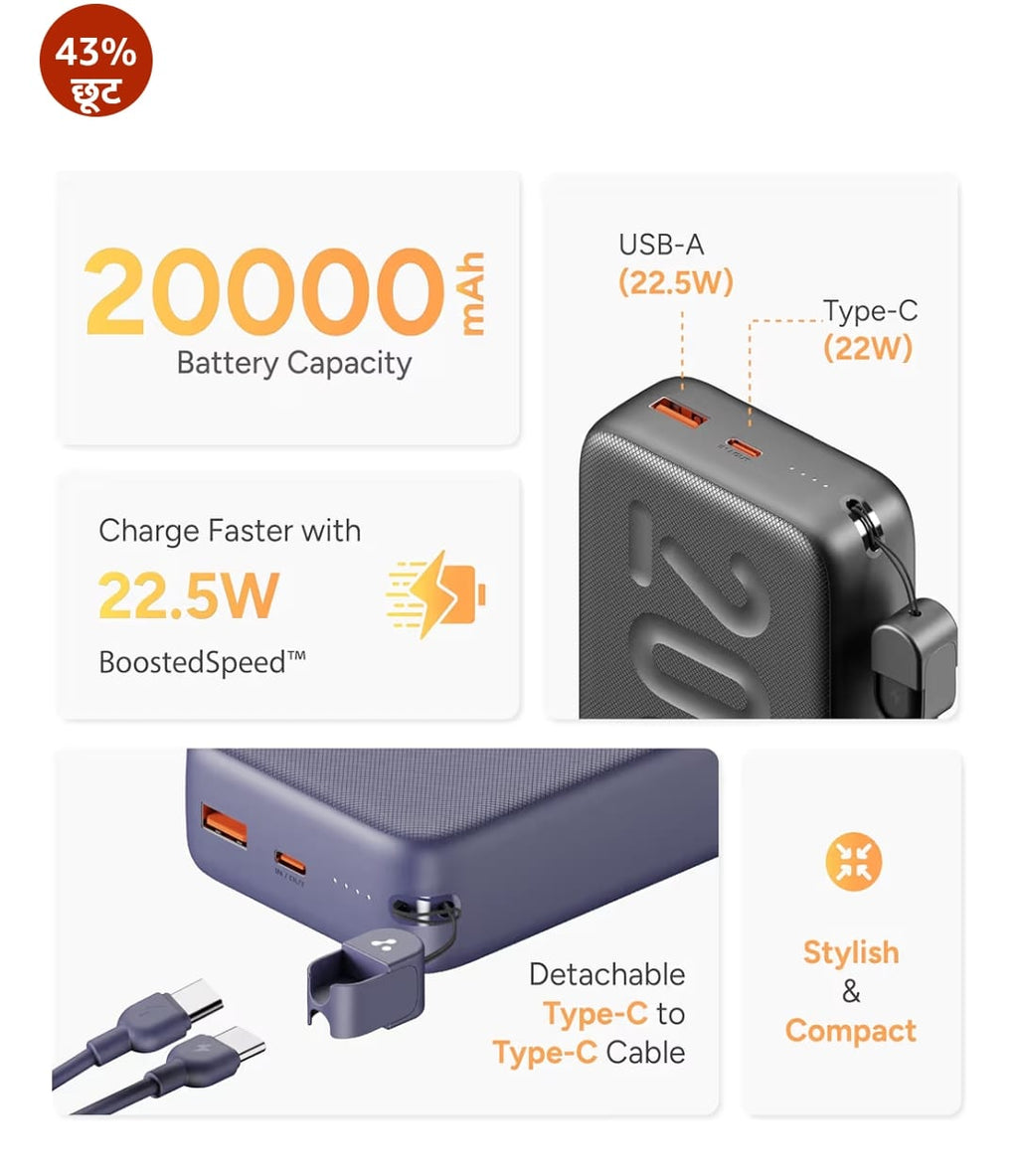 Ambrane 20000mAh Powerbank with in-Build Type C Cable, 22.5W Fast Charging, USB & Type C Output, Power Delivery, Quick Charge for iPhone, Android Mobile & Tablets, Earbuds, (Stylo N20, Green)