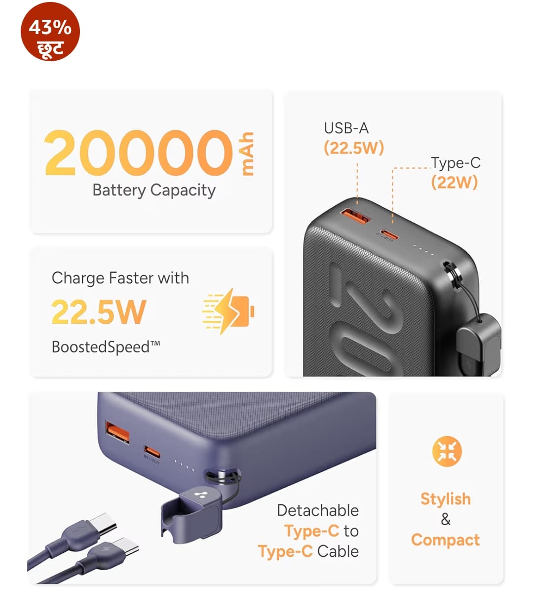 Ambrane 20000mAh Powerbank with in-Build Type C Cable, 22.5W Fast Charging, USB & Type C Output, Power Delivery, Quick Charge for iPhone, Android Mobile & Tablets, Earbuds, (Stylo N20, Green)