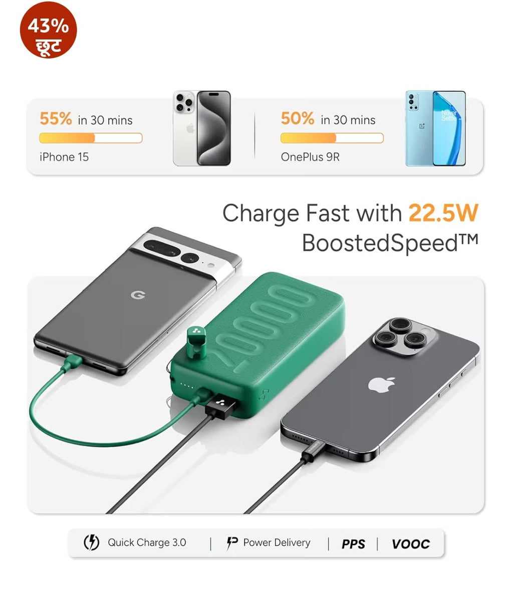 Ambrane 20000mAh Powerbank with in-Build Type C Cable, 22.5W Fast Charging, USB & Type C Output, Power Delivery, Quick Charge for iPhone, Android Mobile & Tablets, Earbuds, (Stylo N20, Green)