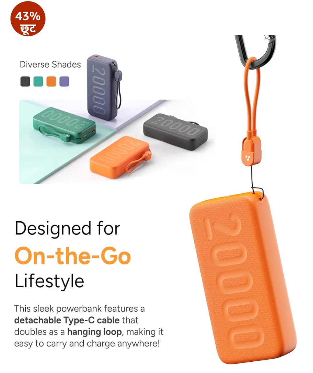 Ambrane 20000mAh Powerbank with in-Build Type C Cable, 22.5W Fast Charging, USB & Type C Output, Power Delivery, Quick Charge for iPhone, Android Mobile & Tablets, Earbuds, (Stylo N20, Green)