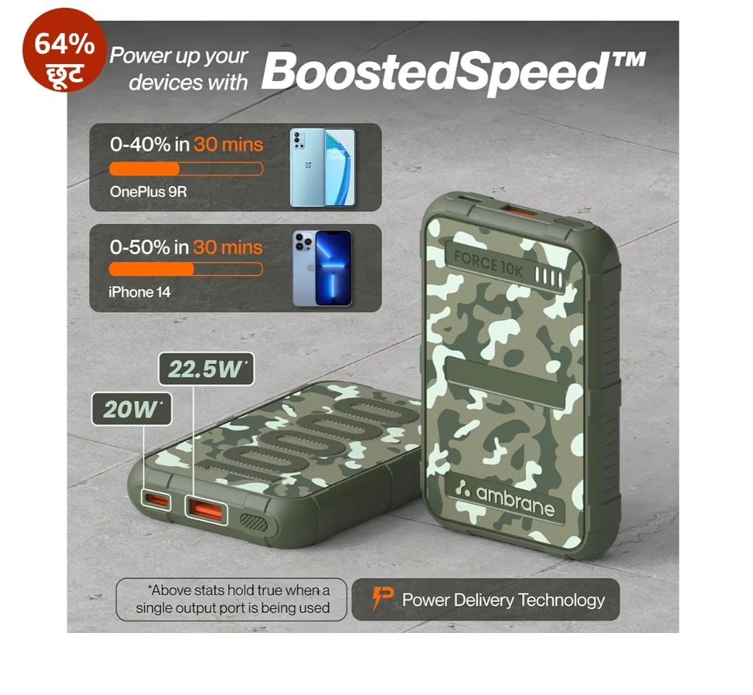 Ambrane 10000mAh Power Bank,Rugged & Slim,22.5W Fast Charging,Compact & Travel-Friendly,USB Type-C Input Output,PD & QC,Compatible with iPhone,Samsung,Oneplus & All Android (Force 10K,Dark Green)