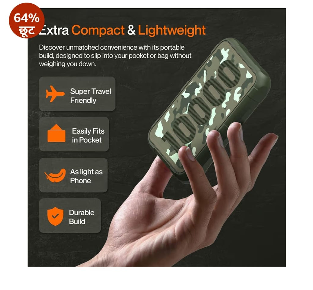 Ambrane 10000mAh Power Bank,Rugged & Slim,22.5W Fast Charging,Compact & Travel-Friendly,USB Type-C Input Output,PD & QC,Compatible with iPhone,Samsung,Oneplus & All Android (Force 10K,Dark Green)