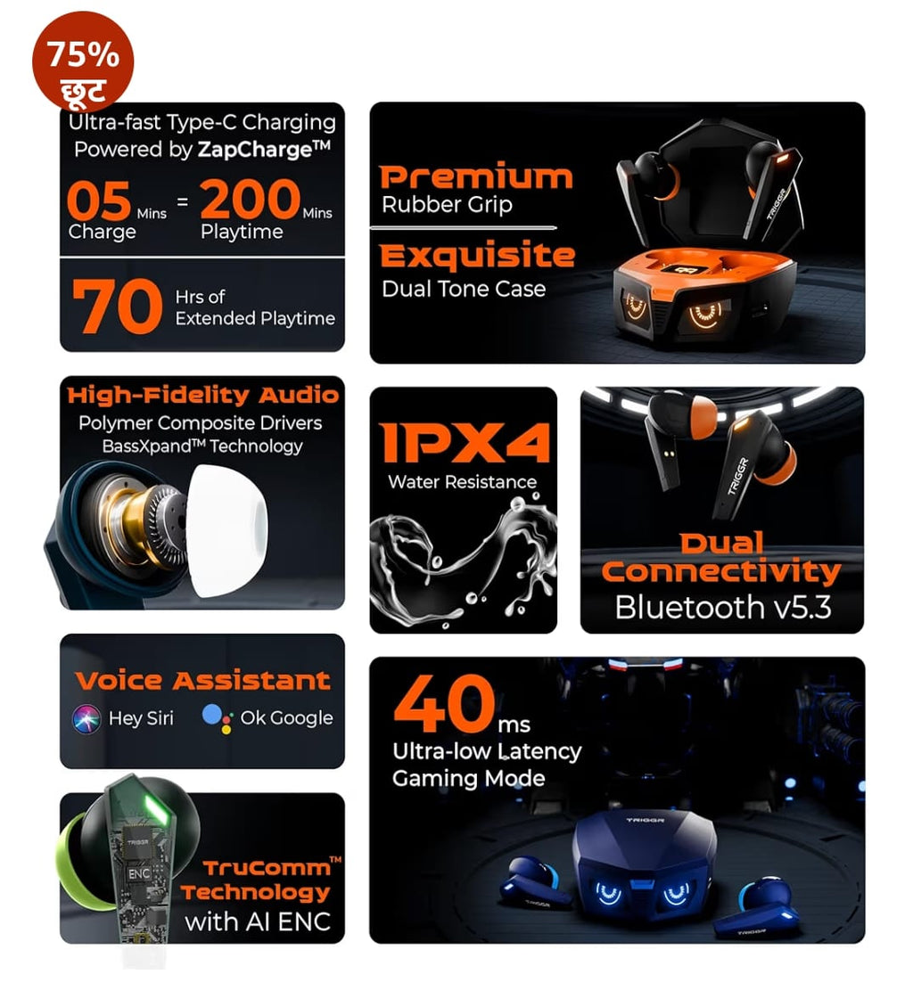 TRIGGR Kraken X1 Plus ड्युअल पेयरिंग के साथ, बैटरी डिस्प्ले, क्वाड ENC, 70H बैटरी, v5.3 Bluetooth (जंगल हरा, ट्रू वायरलेस)