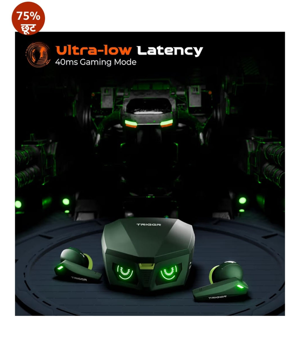 TRIGGR Kraken X1 Plus ड्युअल पेयरिंग के साथ, बैटरी डिस्प्ले, क्वाड ENC, 70H बैटरी, v5.3 Bluetooth (जंगल हरा, ट्रू वायरलेस)