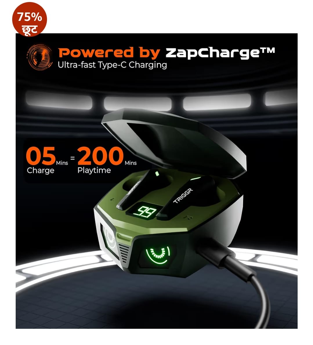 TRIGGR Kraken X1 Plus ड्युअल पेयरिंग के साथ, बैटरी डिस्प्ले, क्वाड ENC, 70H बैटरी, v5.3 Bluetooth (जंगल हरा, ट्रू वायरलेस)