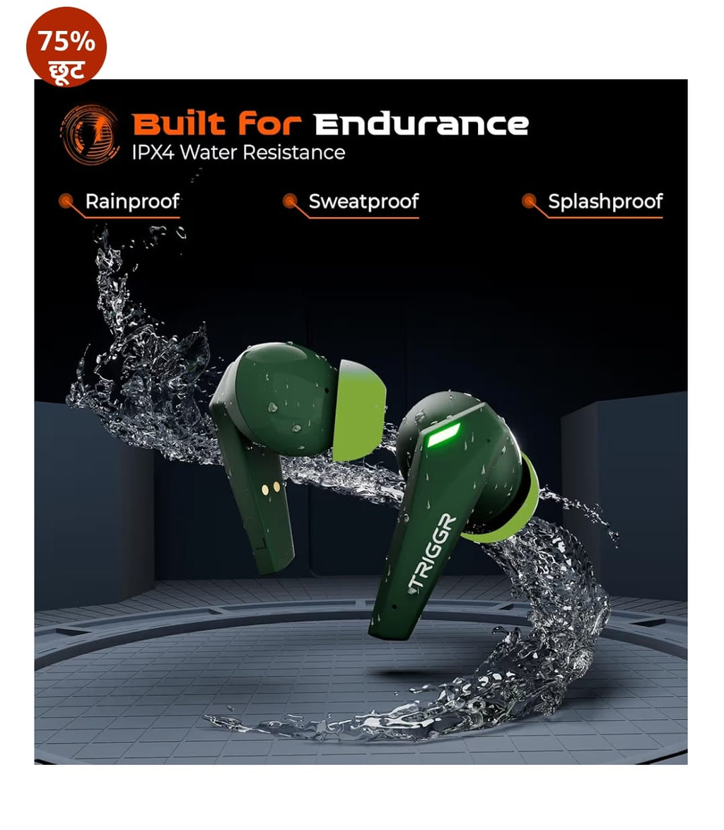 TRIGGR Kraken X1 Plus ड्युअल पेयरिंग के साथ, बैटरी डिस्प्ले, क्वाड ENC, 70H बैटरी, v5.3 Bluetooth (जंगल हरा, ट्रू वायरलेस)