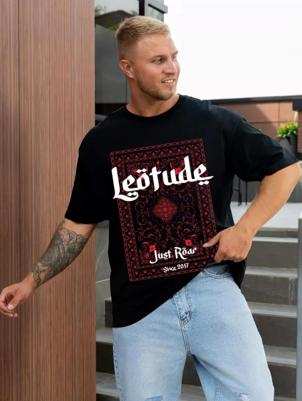 OTUDE पुरुषों मुद्रित काले Oversized टी शर्ट सामग्री कपास मिश्रण