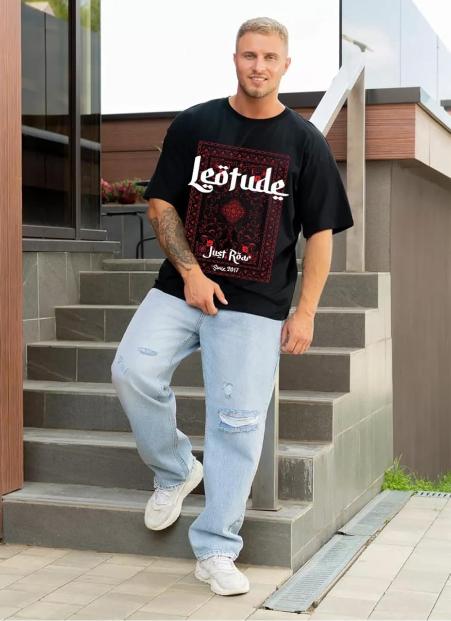 OTUDE पुरुषों मुद्रित काले Oversized टी शर्ट सामग्री कपास मिश्रण