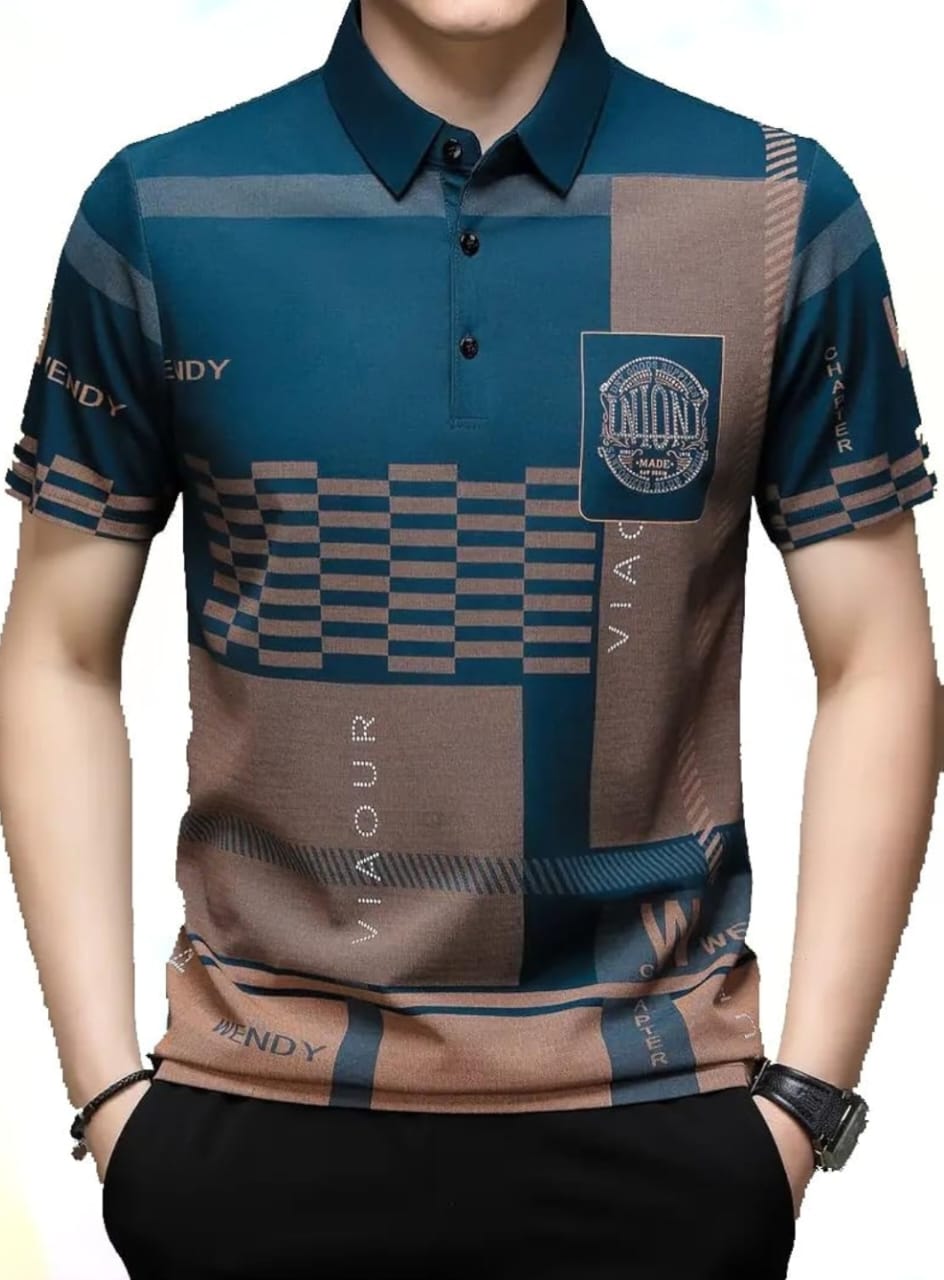 पुरुषों की अनियमित ज्यामितीय पैटर्न और वर्णमाला प्रिंट स्पोर्ट्स कॉलर टीशर्ट (Rizim Temu प्रिंट पोलो-ब्लू