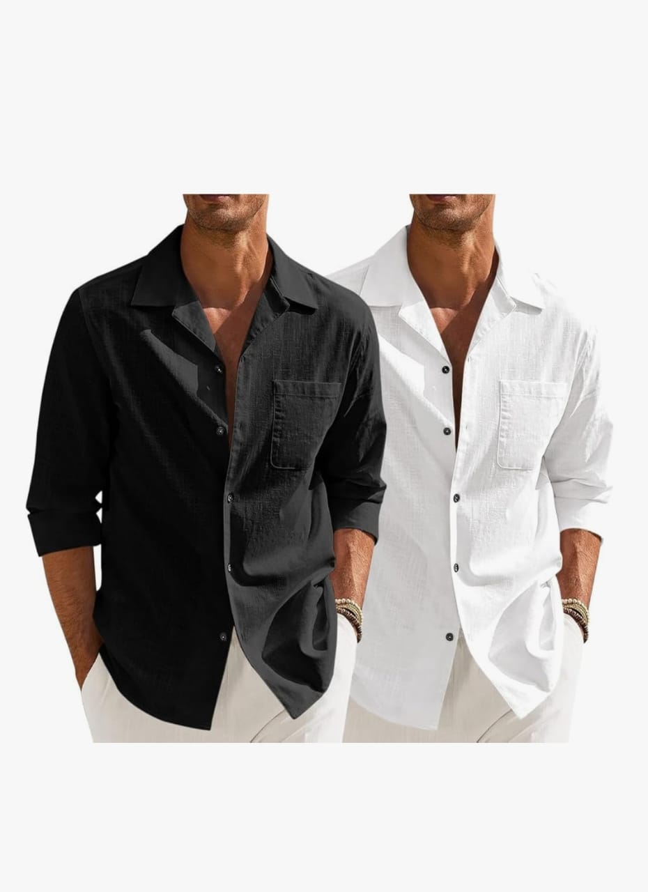 पुरुषों के लिए कैज़ुअल कॉटन ब्लेंड शर्ट का कॉम्बो || स्प्रेड कॉलर के साथ लंबी स्लीव बटन डाउन | हल्के हवा पार होने योग्य फ़ैब्रिक | समुद्र तट, ऑफिस और हर दिन पहनने के लिए स्टाइलिश सॉलिड शर्ट