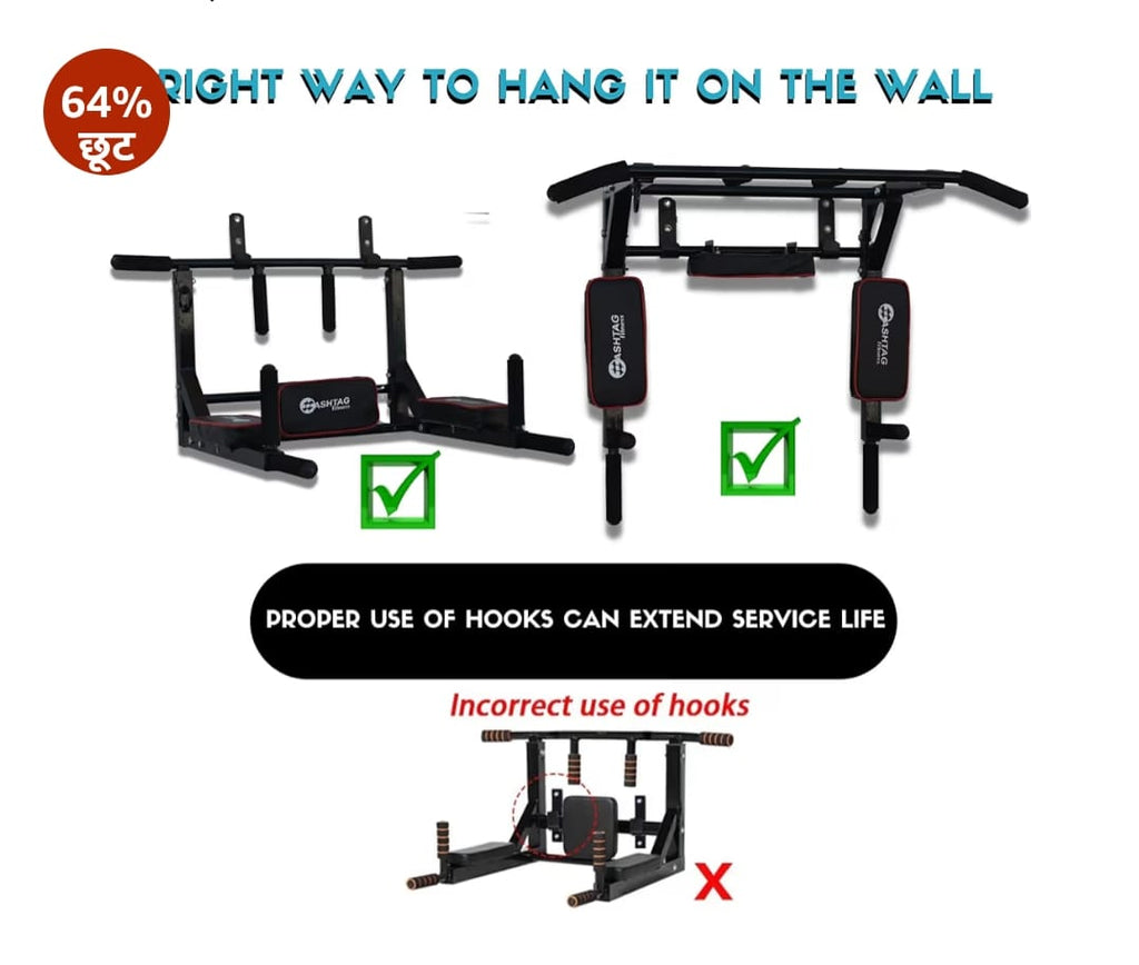 HASHTAG FITNESS वॉल माउंट पुल अप बार, 3 इन 1, डिप्स स्टेशन, होम जिम उपकरण, पुरुषों, बच्चों और महिलाओं के लिए ऊंचाई बढ़ाने वाले उपकरण (काला)