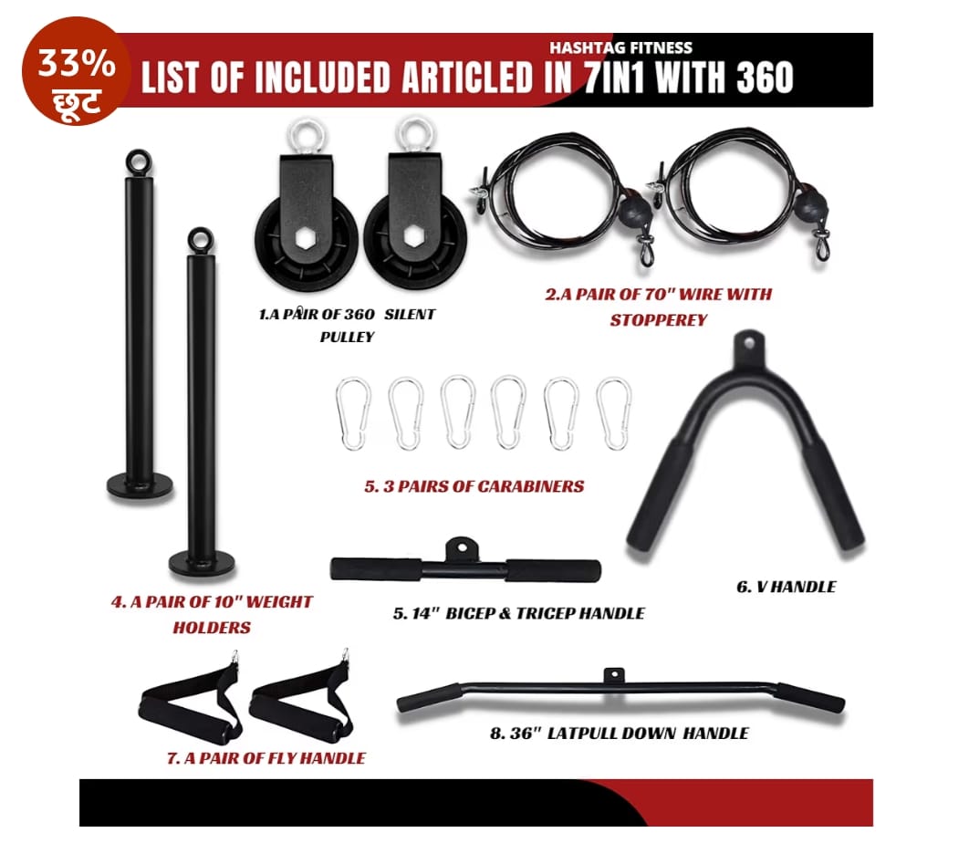 Hashtag FItness जिम पुली सिस्टम 7in1 वॉल माउंट 360 डिग्री जिम चरखी के साथ घर ट्राइसेप रस्सी के लिए बार पुल अप बार अपग्रेडेड LAT पुल डाउन केबल मशीन
